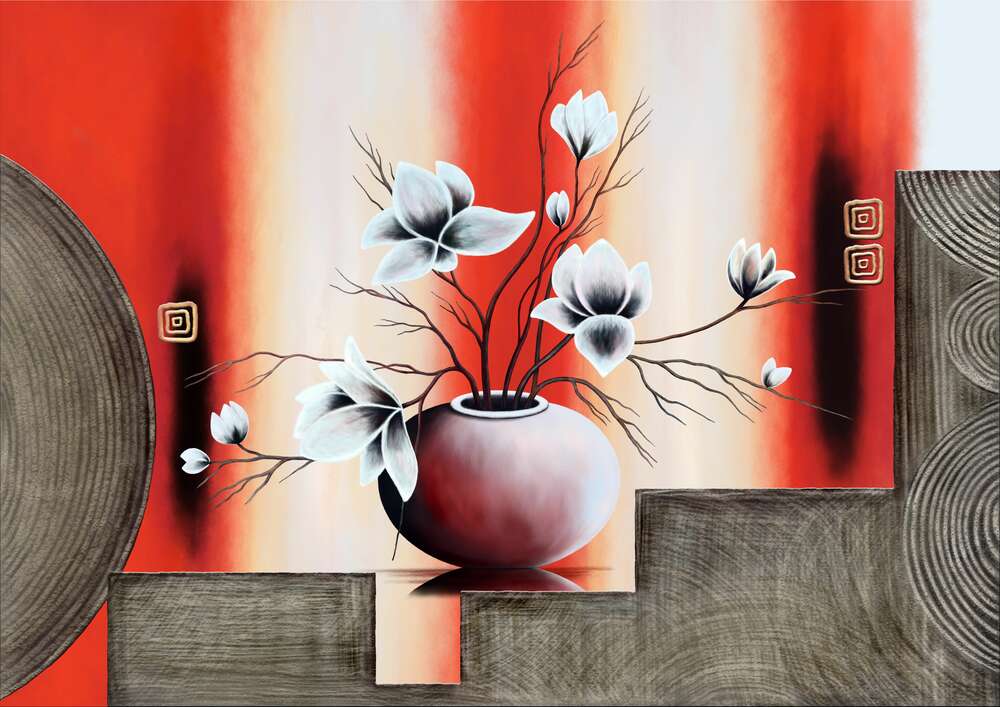 картина-постер Ваза с хрупкими стеблями белых магнолий на красном фоне