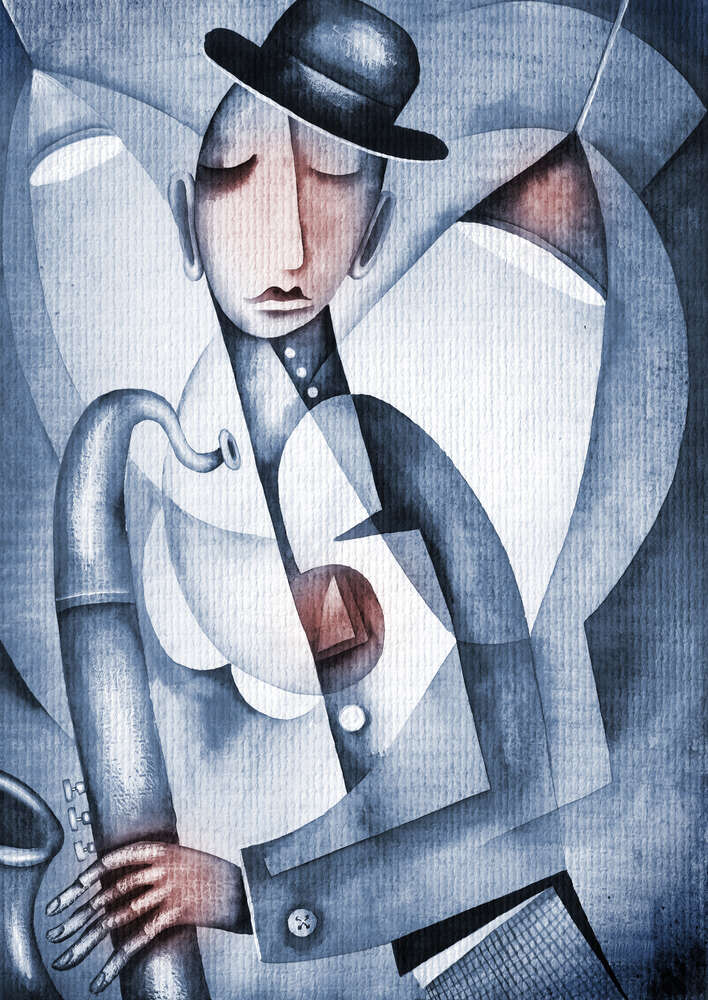 картина-постер Саксофонист играет мелодию в свете фонарей