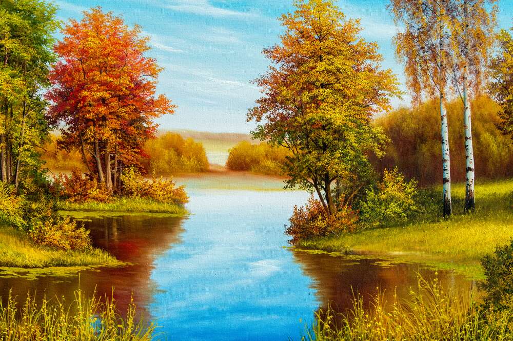 картина-постер Теплий осінній день на березі лісової річки