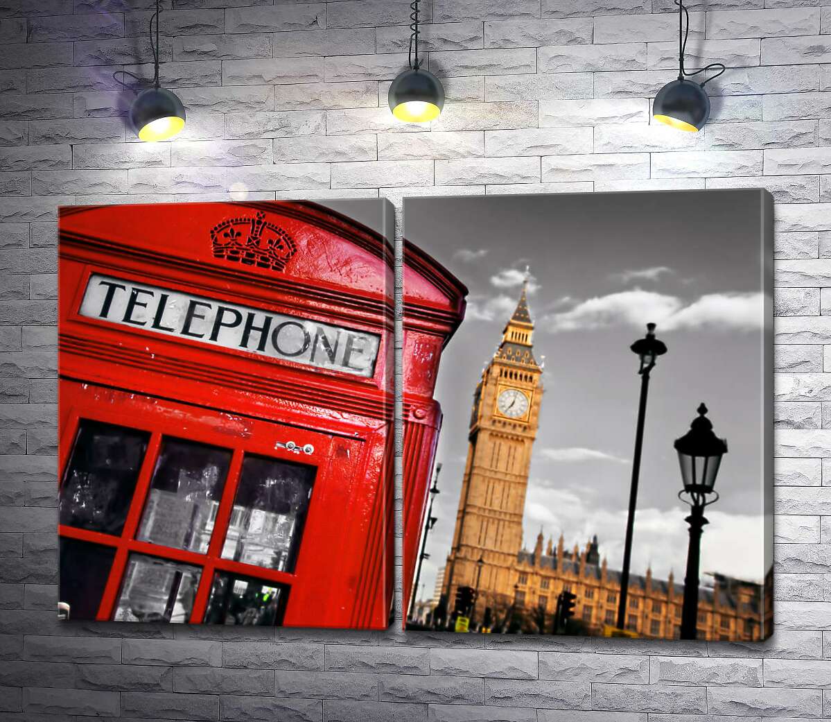 модульная картина Символы Лондона: красная телефонная будка и часовая башня Биг Бен (Big Ben)