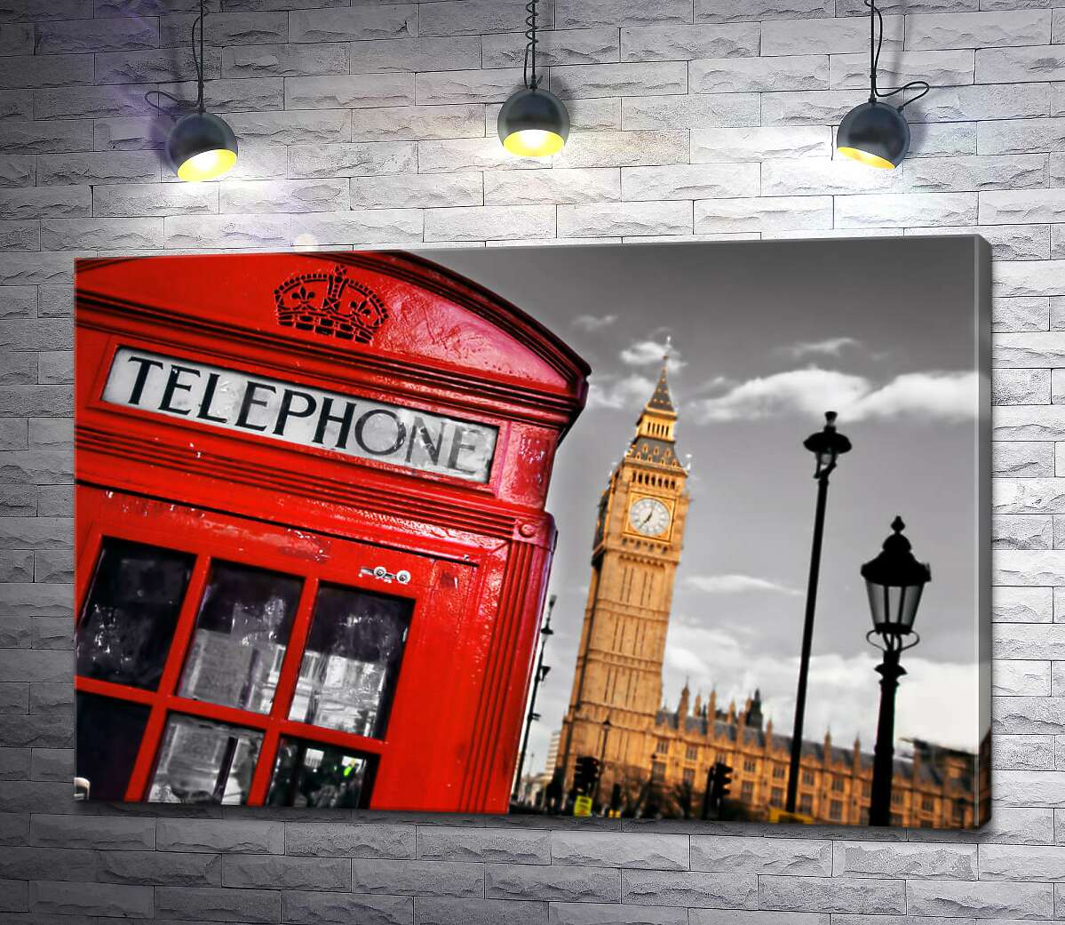 картина Символи Лондона: червона телефонна будка та годинникова башта Біг-Бен (Big Ben)