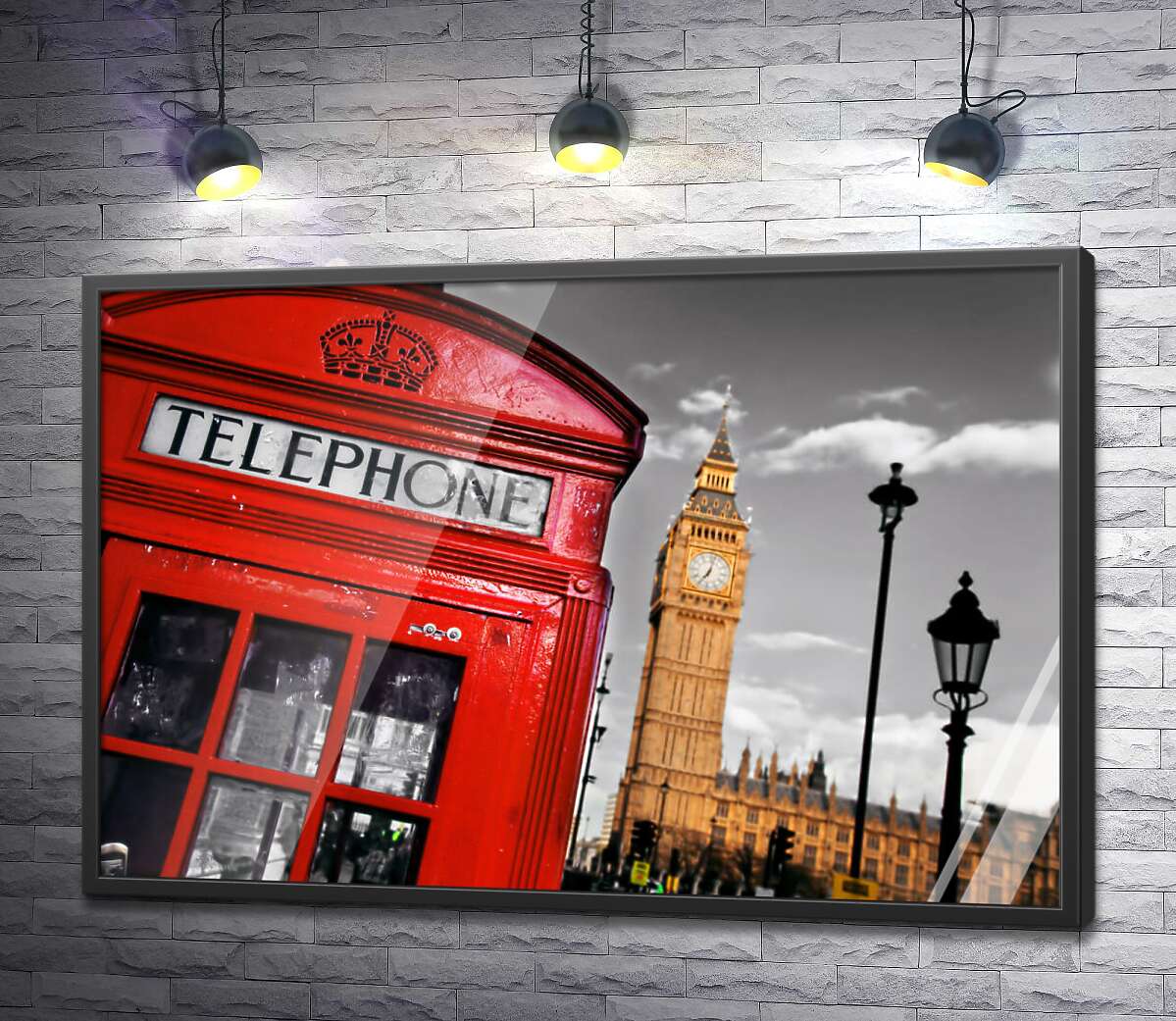 постер Символы Лондона: красная телефонная будка и часовая башня Биг Бен (Big Ben)