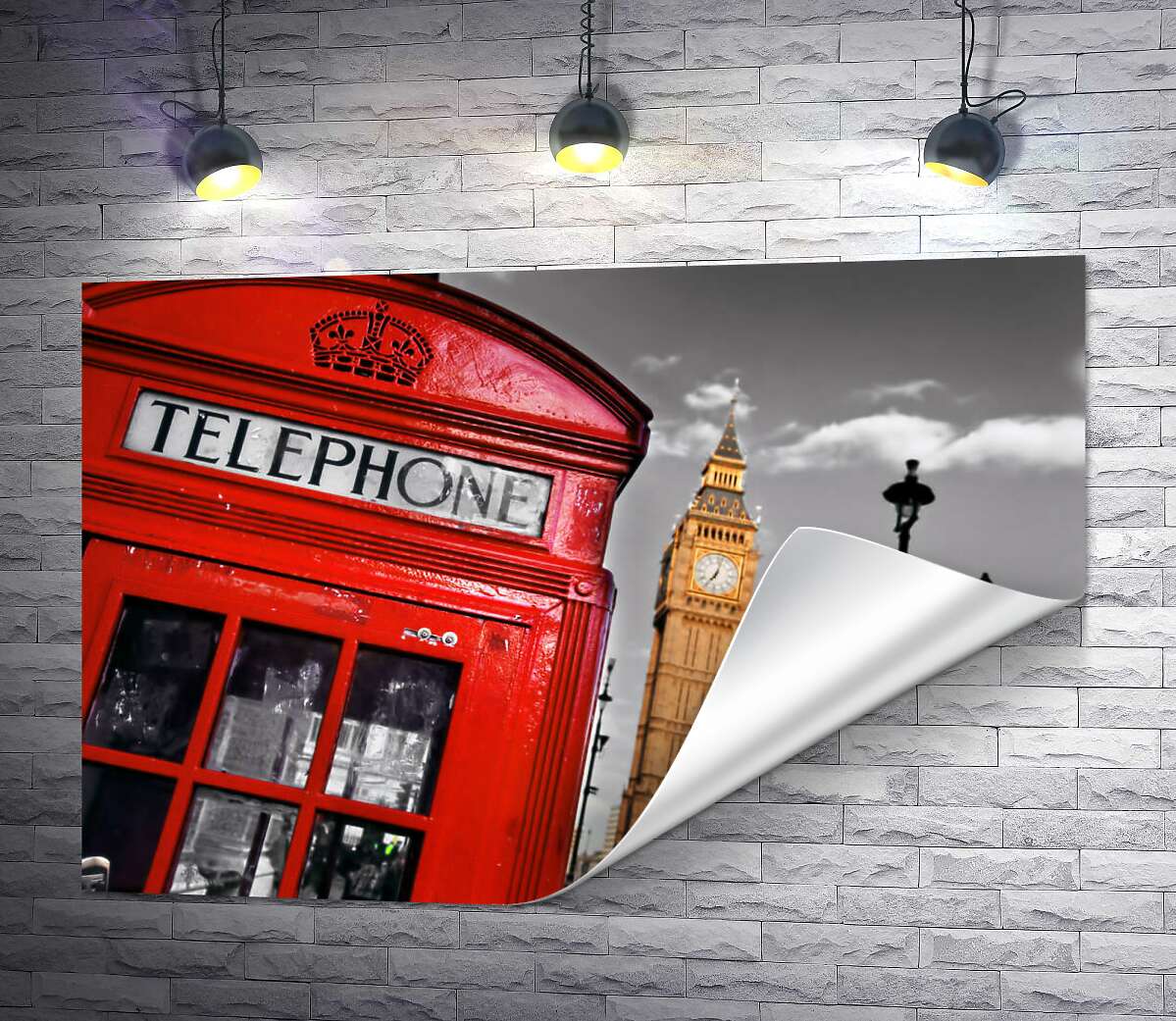 друк Символи Лондона: червона телефонна будка та годинникова башта Біг-Бен (Big Ben)