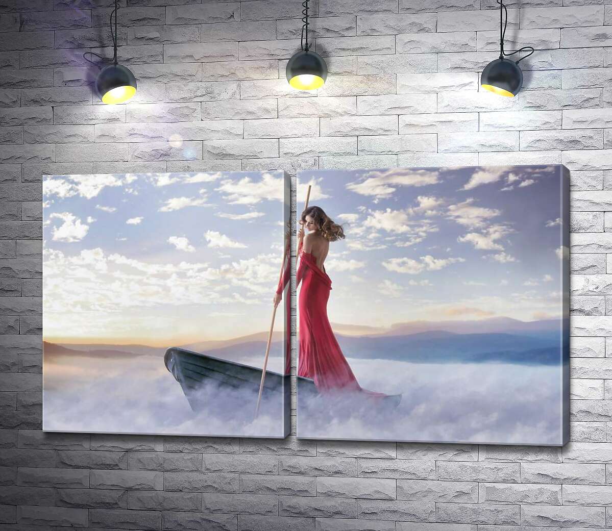 модульна картина Дівчина в звабливій сукні пливе туманним озером на човні
