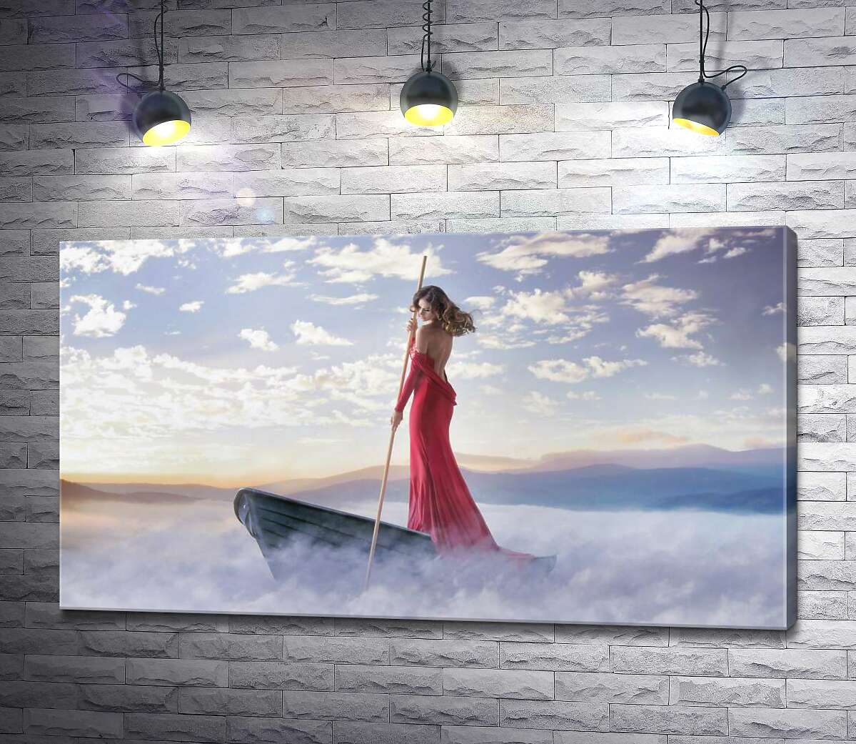 картина Дівчина в звабливій сукні пливе туманним озером на човні