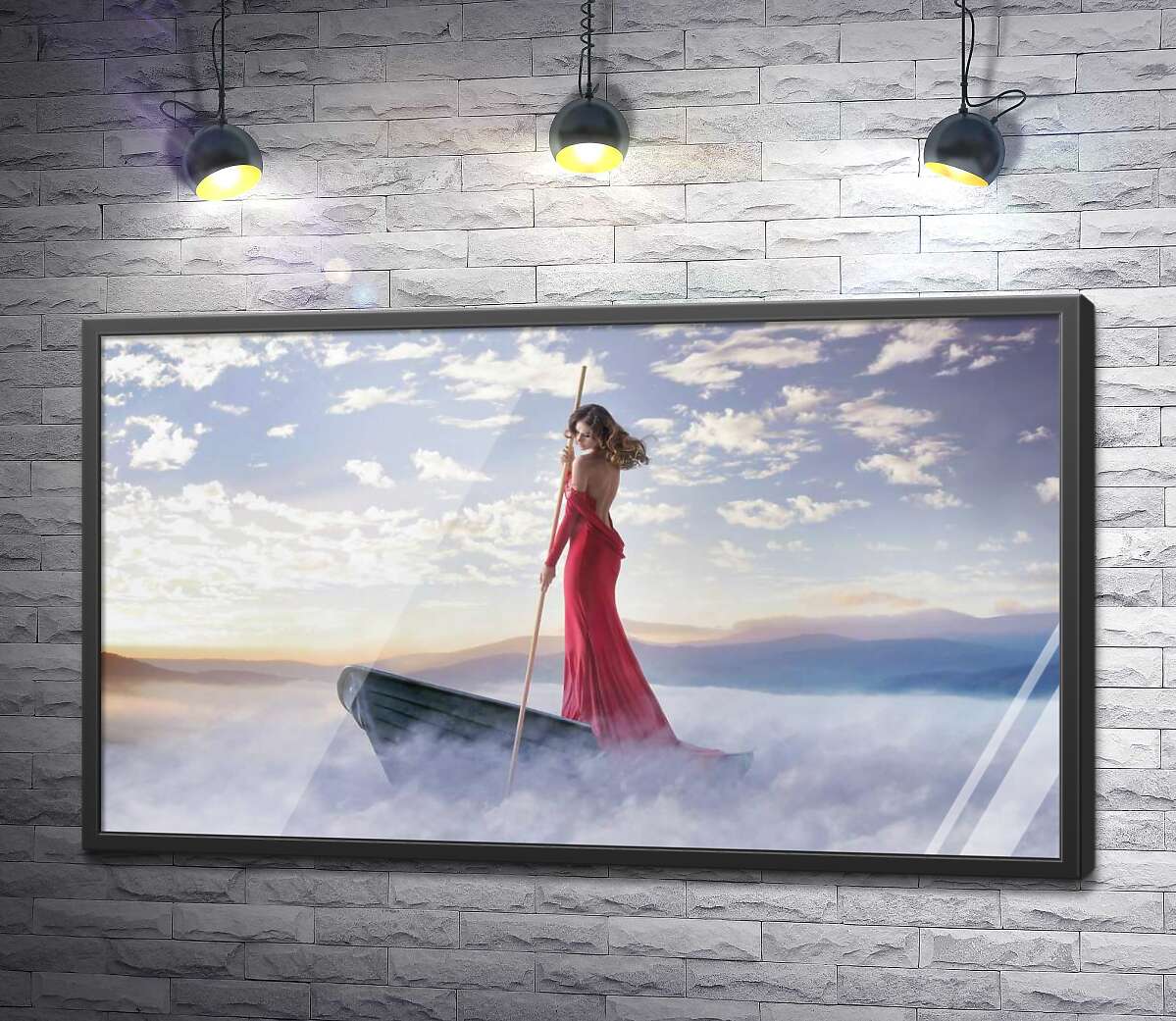 постер Дівчина в звабливій сукні пливе туманним озером на човні