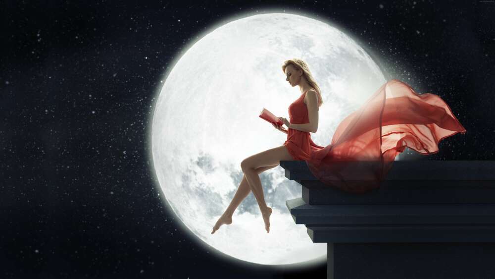 картина-постер Полная луна озарила силуэт девушки на крыше