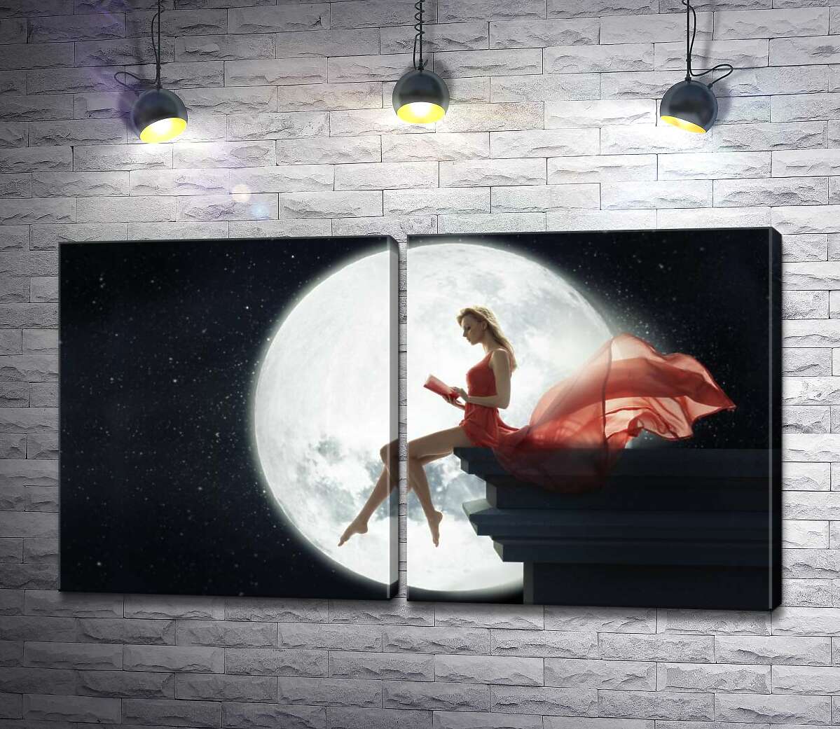 модульная картина Полная луна озарила силуэт девушки на крыше