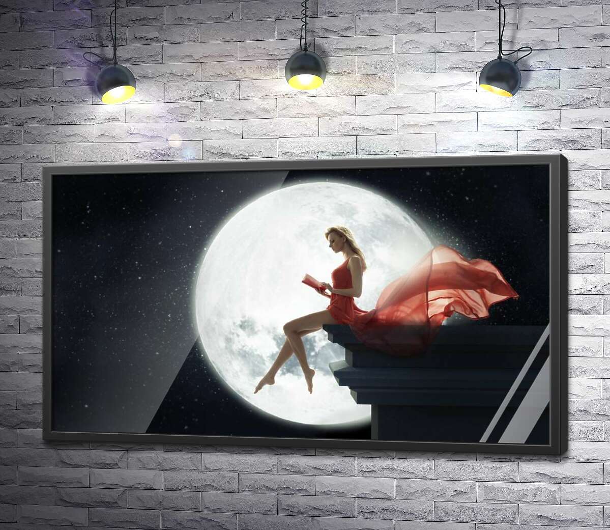 постер Повний місяць осяяв силует дівчини на даху