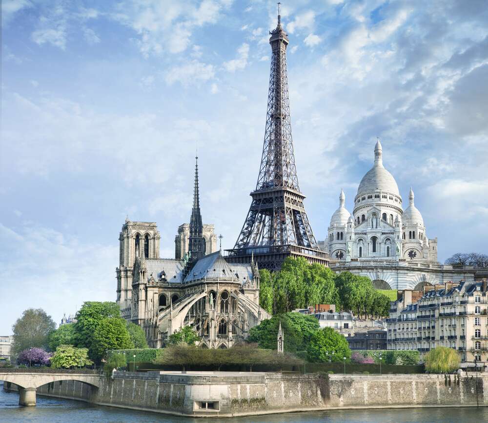 картина-постер Архитектурные произведения Парижа: Эйфелева башня (Eiffel tower), Нотр-Дам-де-Пари (Notre Dame de Paris), базилика Сакре-Кер (Basilique du Sacre Cœur)