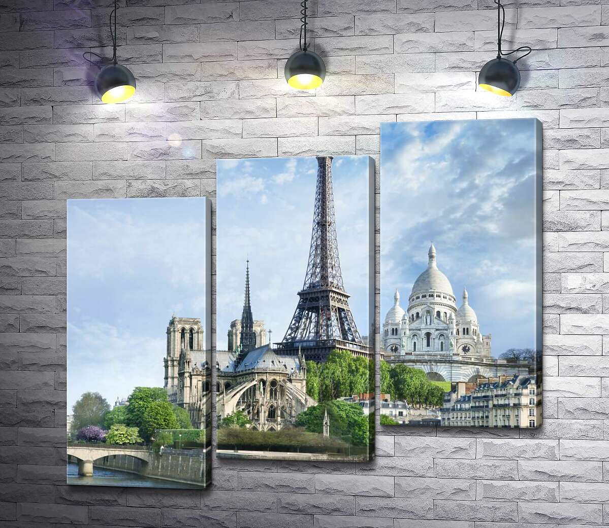 модульна картина Архітектурні твори Парижа: Ейфелева вежа (Eiffel tower), Нотр-Дам-де-Парі (Notre Dame de Paris), базиліка Сакре-Кер (Basilique du Sacre Cœur) (Модуль №14)