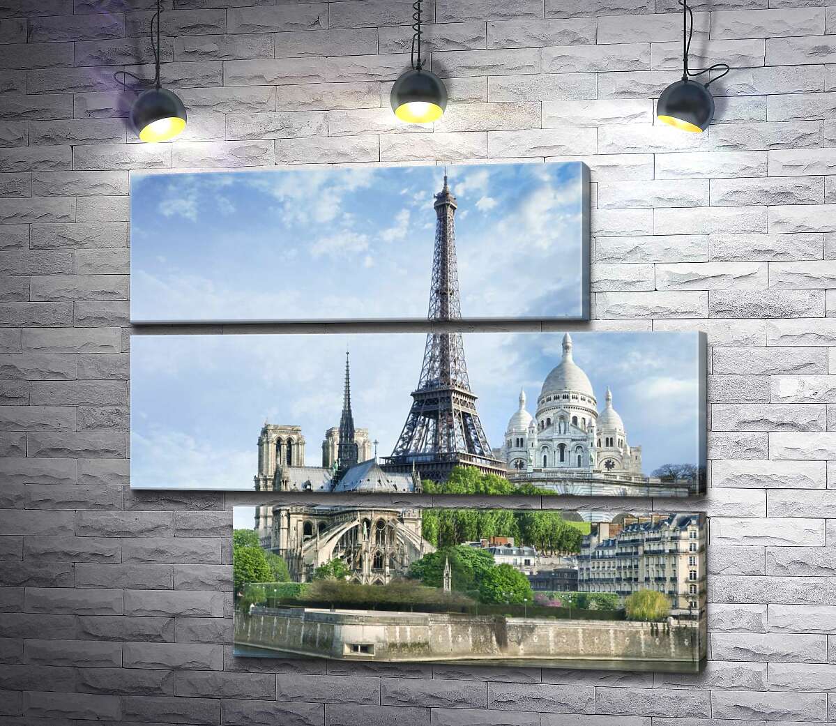 модульная картина Архитектурные произведения Парижа: Эйфелева башня (Eiffel tower), Нотр-Дам-де-Пари (Notre Dame de Paris), базилика Сакре-Кер (Basilique du Sacre Cœur) (Модуль №16)