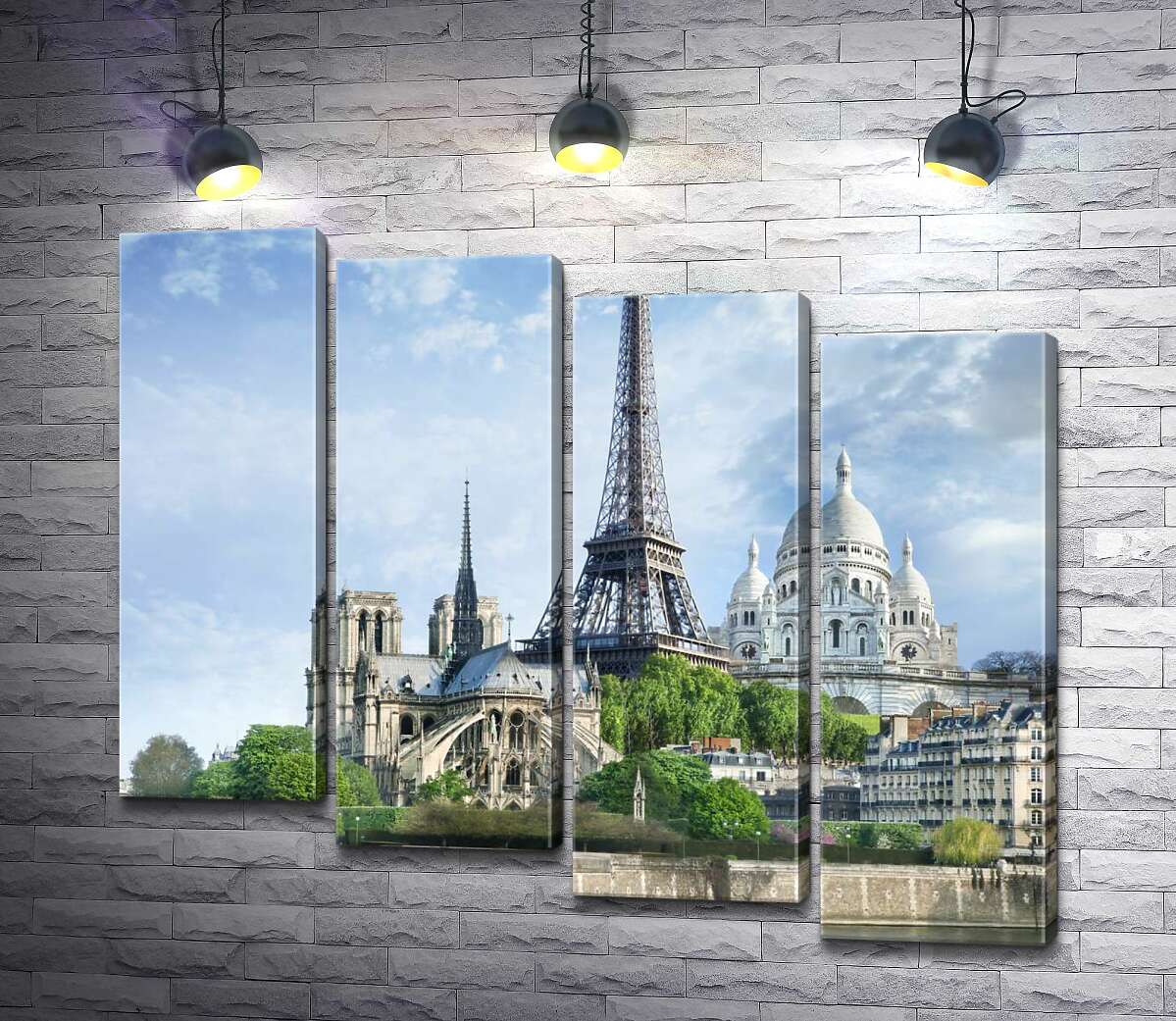 модульная картина Архитектурные произведения Парижа: Эйфелева башня (Eiffel tower), Нотр-Дам-де-Пари (Notre Dame de Paris), базилика Сакре-Кер (Basilique du Sacre Cœur) (Модуль №19)