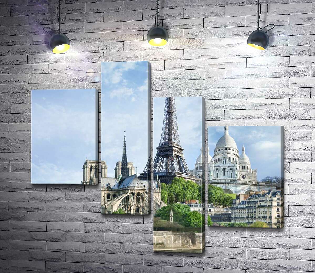 модульна картина Архітектурні твори Парижа: Ейфелева вежа (Eiffel tower), Нотр-Дам-де-Парі (Notre Dame de Paris), базиліка Сакре-Кер (Basilique du Sacre Cœur) (Модуль №21)