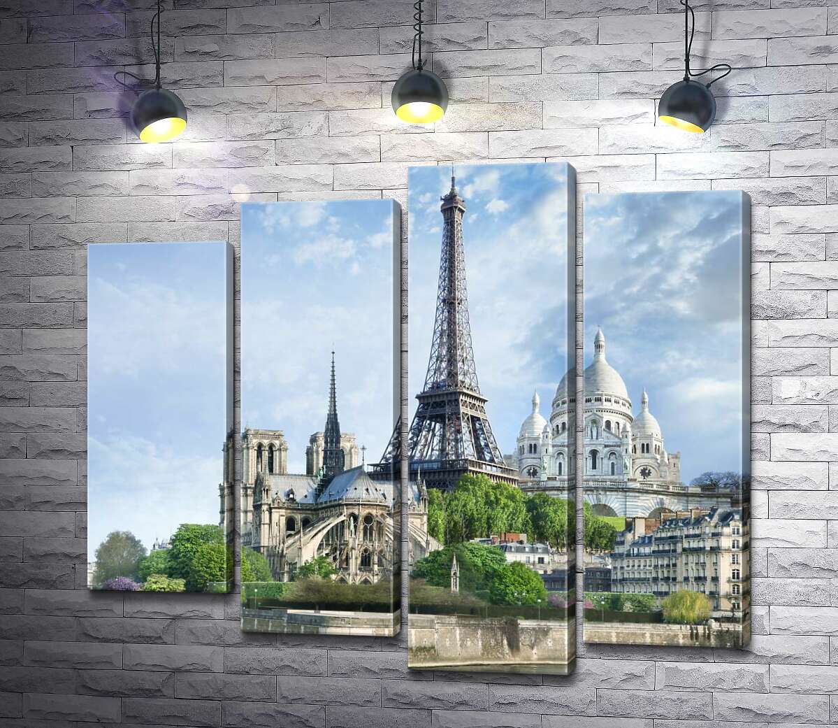 модульная картина Архитектурные произведения Парижа: Эйфелева башня (Eiffel tower), Нотр-Дам-де-Пари (Notre Dame de Paris), базилика Сакре-Кер (Basilique du Sacre Cœur) (Модуль №3)