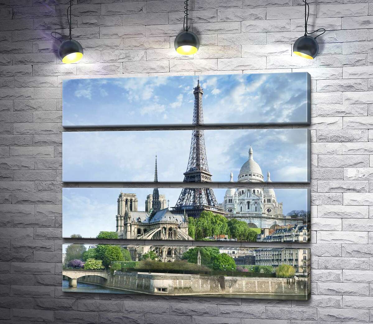 модульна картина Архітектурні твори Парижа: Ейфелева вежа (Eiffel tower), Нотр-Дам-де-Парі (Notre Dame de Paris), базиліка Сакре-Кер (Basilique du Sacre Cœur) (Модуль №22)