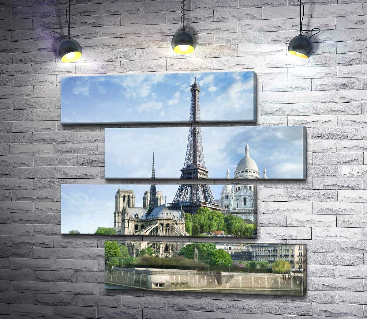 модульная картина Архитектурные произведения Парижа: Эйфелева башня (Eiffel tower), Нотр-Дам-де-Пари (Notre Dame de Paris), базилика Сакре-Кер (Basilique du Sacre Cœur) (Модуль №23)