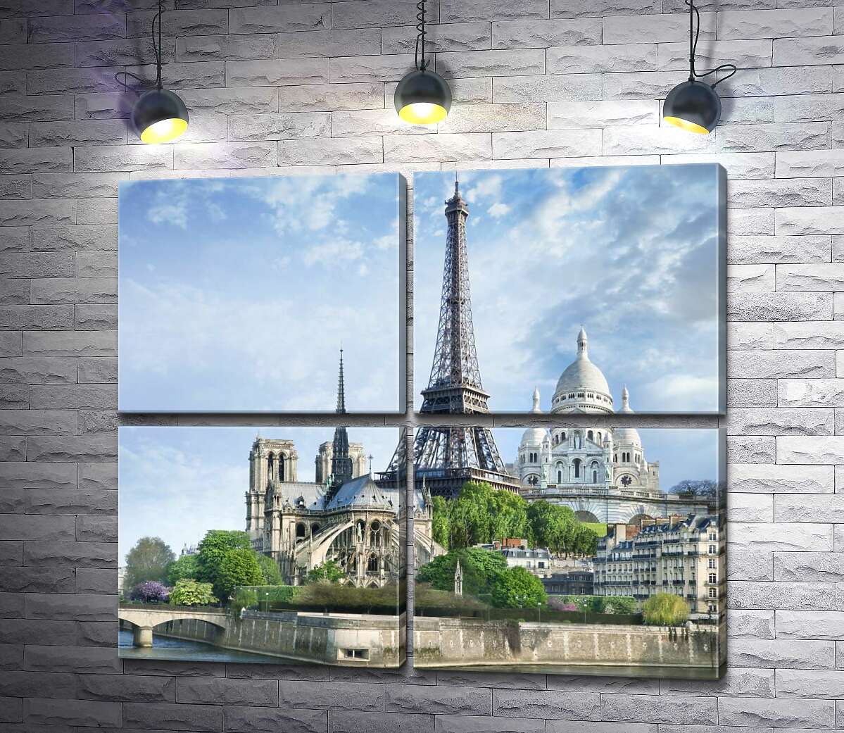 модульная картина Архитектурные произведения Парижа: Эйфелева башня (Eiffel tower), Нотр-Дам-де-Пари (Notre Dame de Paris), базилика Сакре-Кер (Basilique du Sacre Cœur) (Модуль №25)