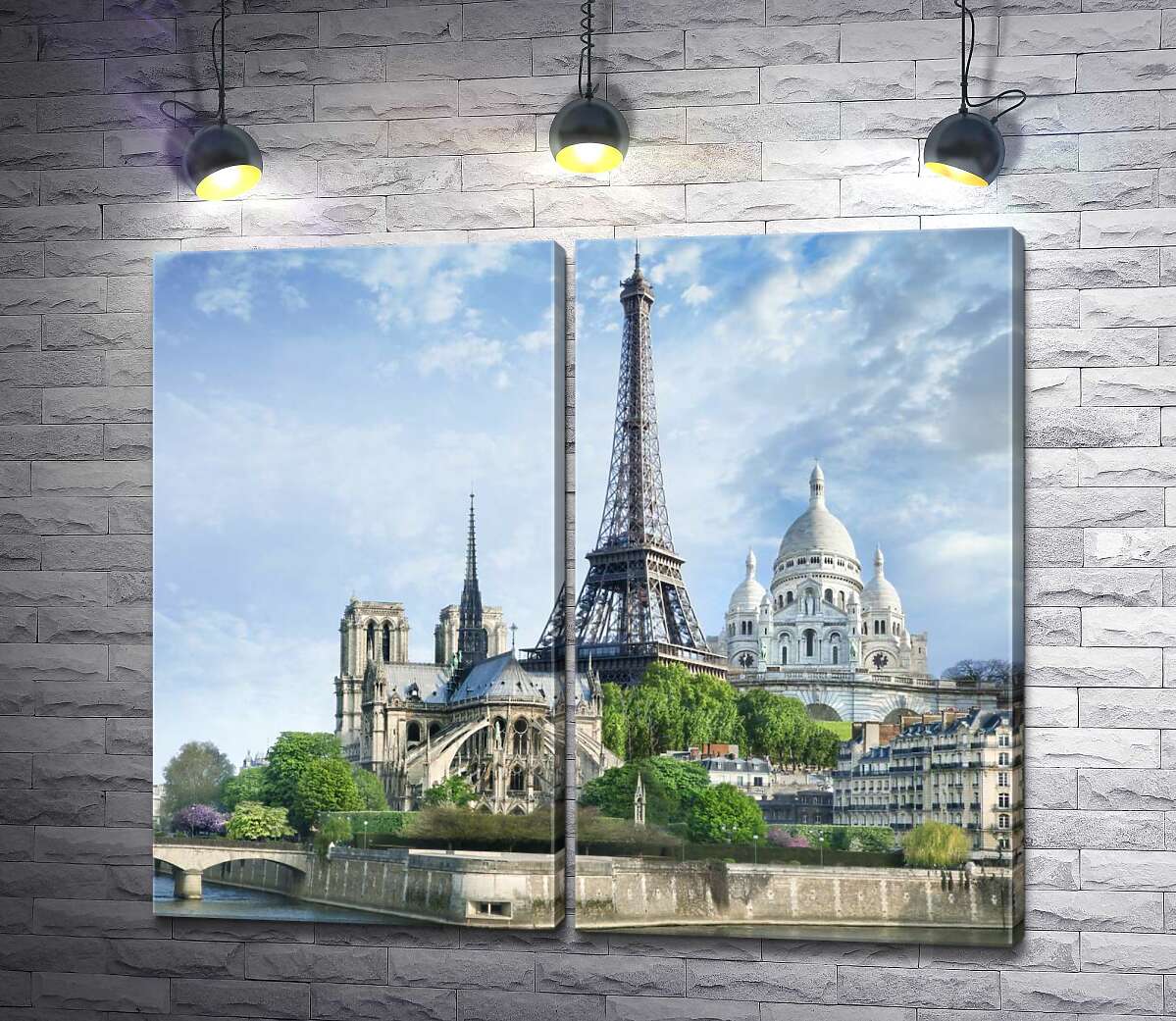модульная картина Архитектурные произведения Парижа: Эйфелева башня (Eiffel tower), Нотр-Дам-де-Пари (Notre Dame de Paris), базилика Сакре-Кер (Basilique du Sacre Cœur)