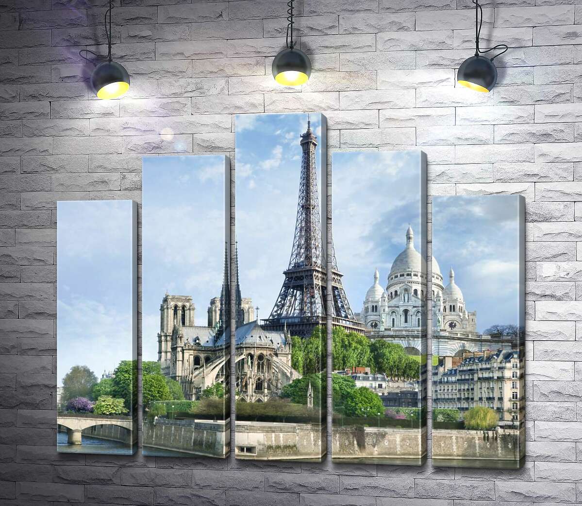 модульна картина Архітектурні твори Парижа: Ейфелева вежа (Eiffel tower), Нотр-Дам-де-Парі (Notre Dame de Paris), базиліка Сакре-Кер (Basilique du Sacre Cœur) (Модуль №29)