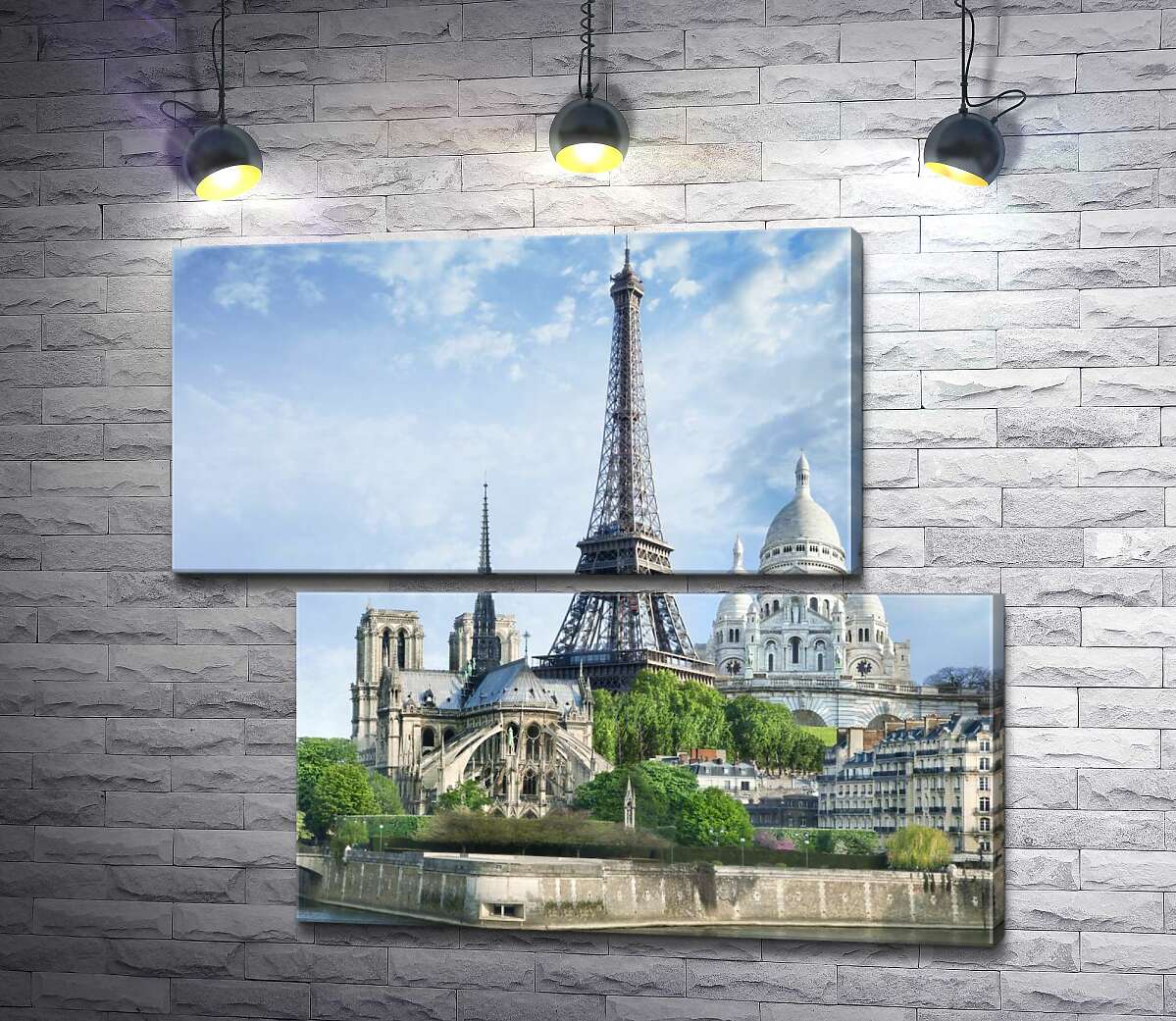 модульна картина Архітектурні твори Парижа: Ейфелева вежа (Eiffel tower), Нотр-Дам-де-Парі (Notre Dame de Paris), базиліка Сакре-Кер (Basilique du Sacre Cœur) (Модуль №8)