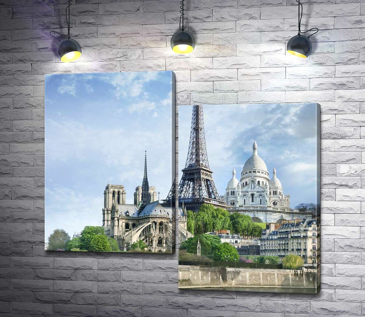 модульная картина Архитектурные произведения Парижа: Эйфелева башня (Eiffel tower), Нотр-Дам-де-Пари (Notre Dame de Paris), базилика Сакре-Кер (Basilique du Sacre Cœur) (Модуль №9)