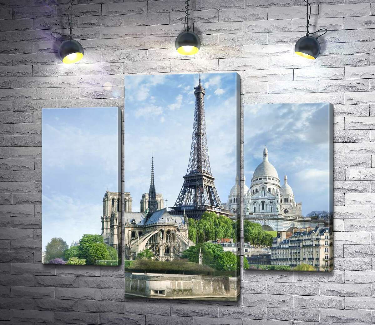 модульная картина Архитектурные произведения Парижа: Эйфелева башня (Eiffel tower), Нотр-Дам-де-Пари (Notre Dame de Paris), базилика Сакре-Кер (Basilique du Sacre Cœur) (Модуль №10)