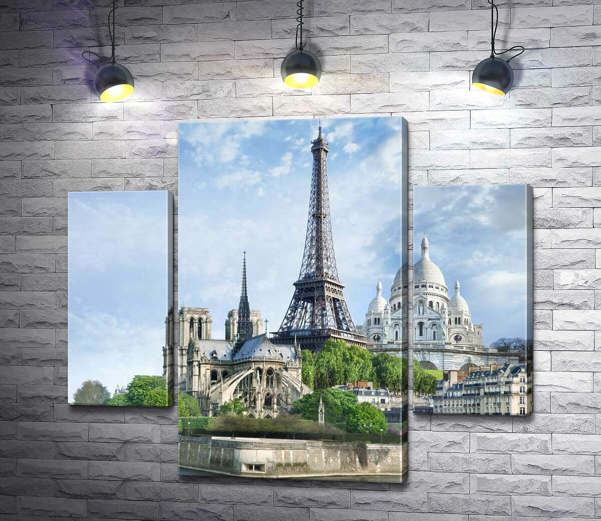 модульна картина Архітектурні твори Парижа: Ейфелева вежа (Eiffel tower), Нотр-Дам-де-Парі (Notre Dame de Paris), базиліка Сакре-Кер (Basilique du Sacre Cœur) (Модуль №5)