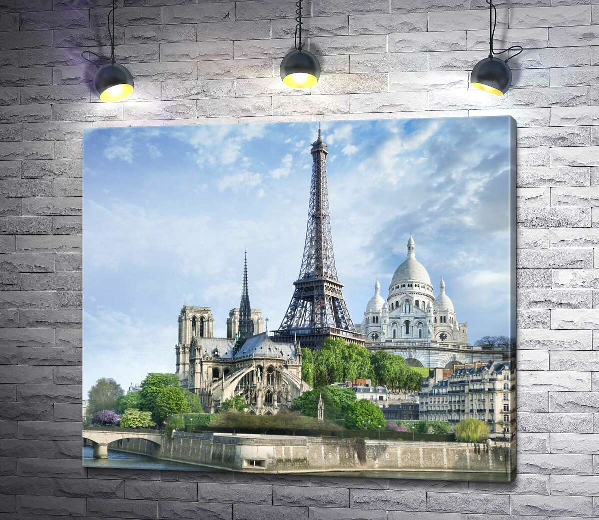 картина Архітектурні твори Парижа: Ейфелева вежа (Eiffel tower), Нотр-Дам-де-Парі (Notre Dame de Paris), базиліка Сакре-Кер (Basilique du Sacre Cœur)