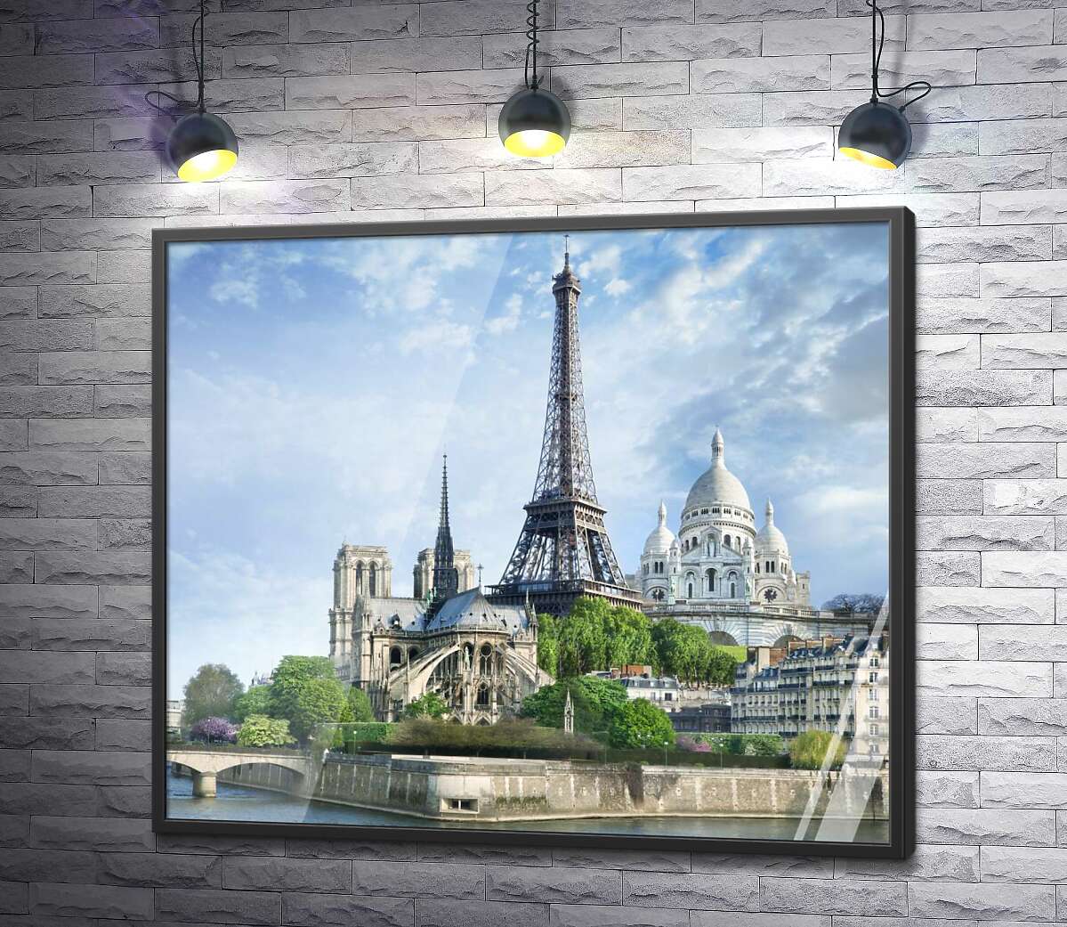 постер Архітектурні твори Парижа: Ейфелева вежа (Eiffel tower), Нотр-Дам-де-Парі (Notre Dame de Paris), базиліка Сакре-Кер (Basilique du Sacre Cœur)