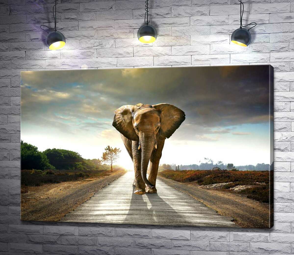 картина Масивна фігура слона, що прямує дорогою