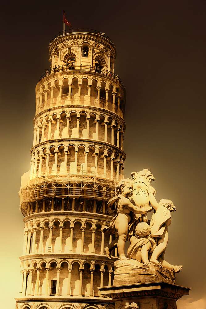 картина-постер Пізанська вежа (Pisa tower) видніється через фонтан Путті (Fontana dei Putti)