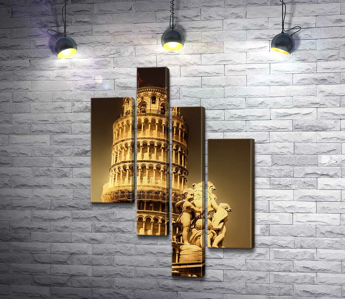 модульная картина Пизанская башня (Pisa tower) виднеется из-за фонтана Путти (Fontana dei Putti) (Модуль №21)