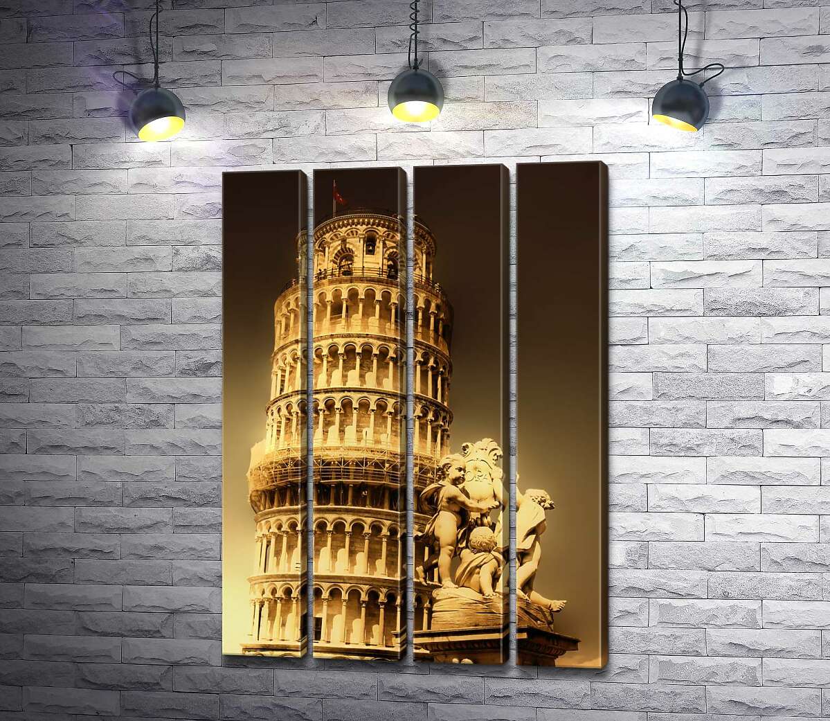 модульна картина Пізанська вежа (Pisa tower) видніється через фонтан Путті (Fontana dei Putti) (Модуль №24)