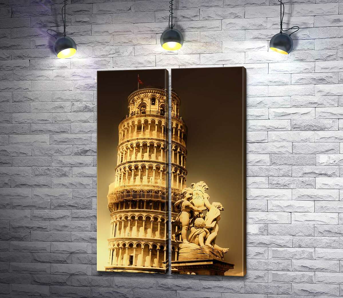 модульная картина Пизанская башня (Pisa tower) виднеется из-за фонтана Путти (Fontana dei Putti)