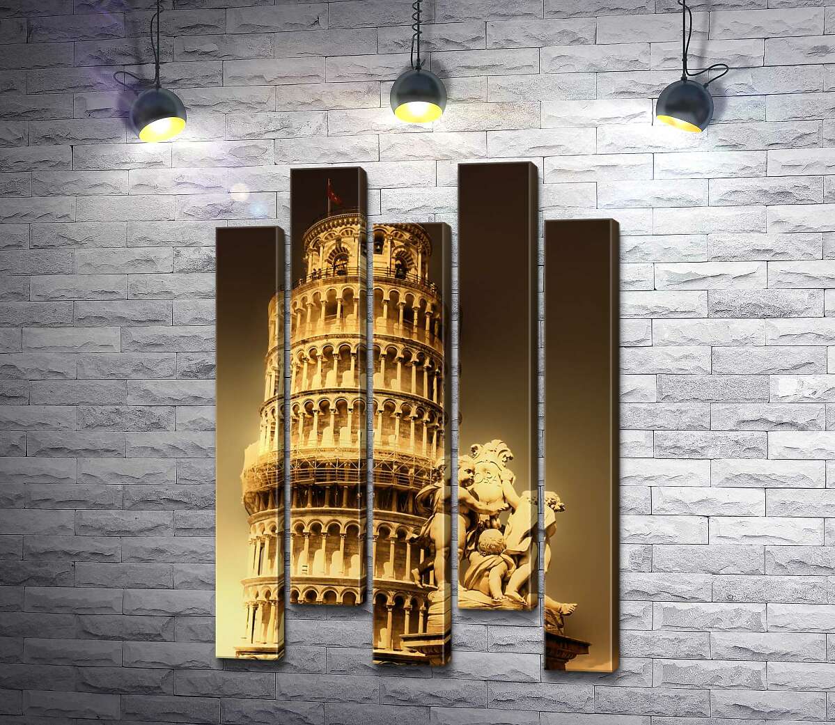 модульная картина Пизанская башня (Pisa tower) виднеется из-за фонтана Путти (Fontana dei Putti) (Модуль №30)