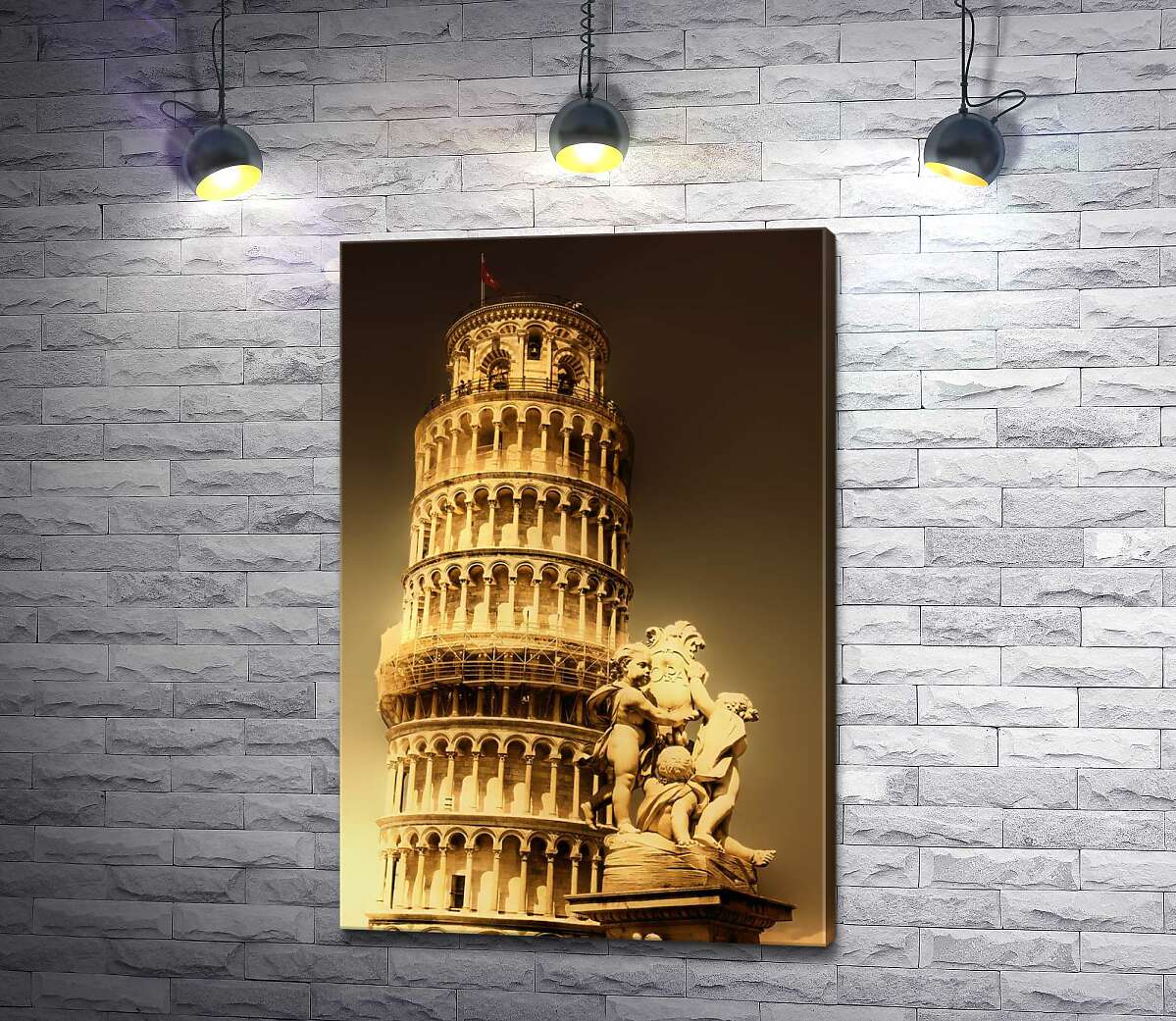 картина Пизанская башня (Pisa tower) виднеется из-за фонтана Путти (Fontana dei Putti)
