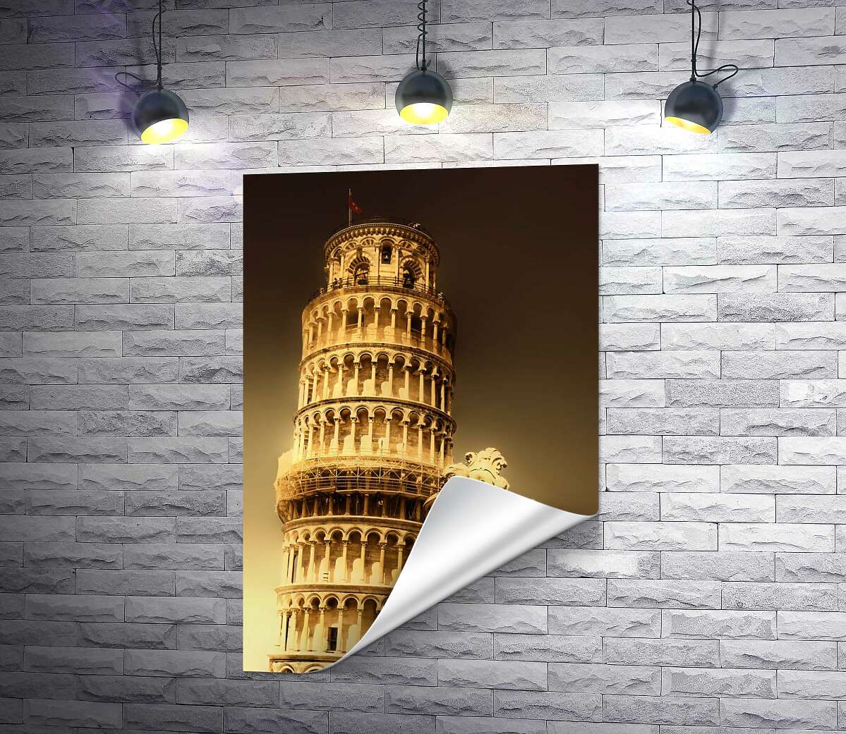 друк Пізанська вежа (Pisa tower) видніється через фонтан Путті (Fontana dei Putti)