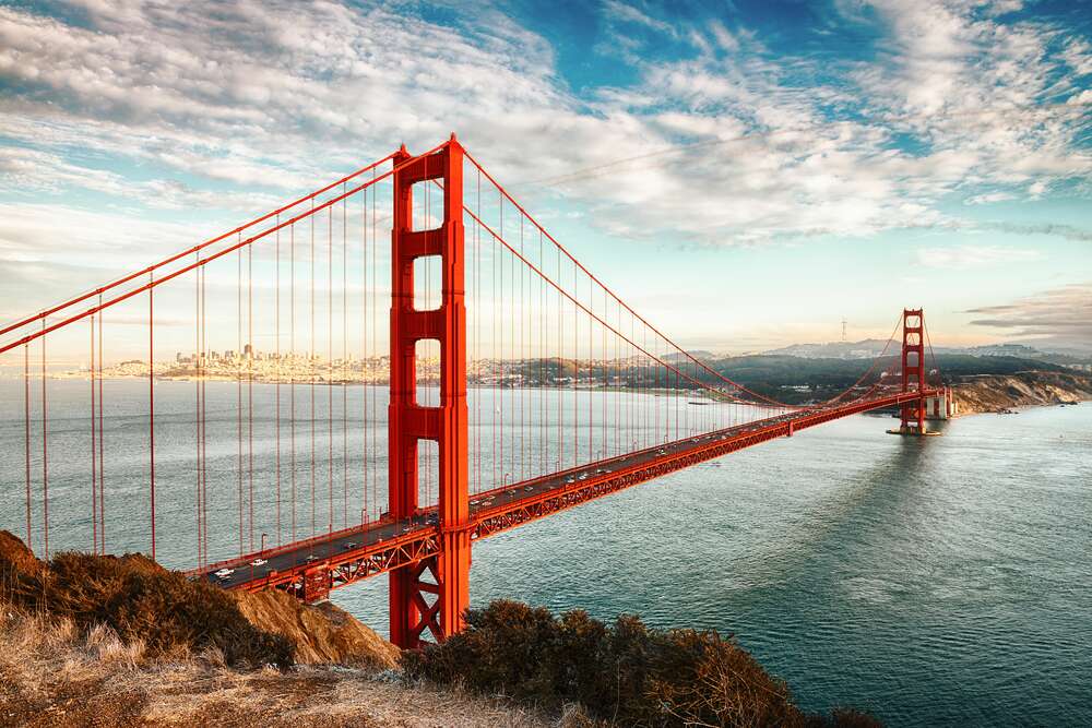 картина-постер Путь к океану: вид с берега на мост "Золотые ворота" (Golden Gate Bridge)