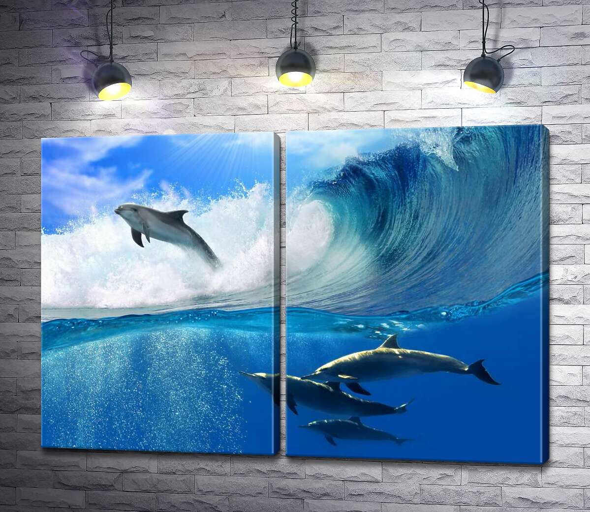 модульная картина Дельфины выныривают из гребня волны