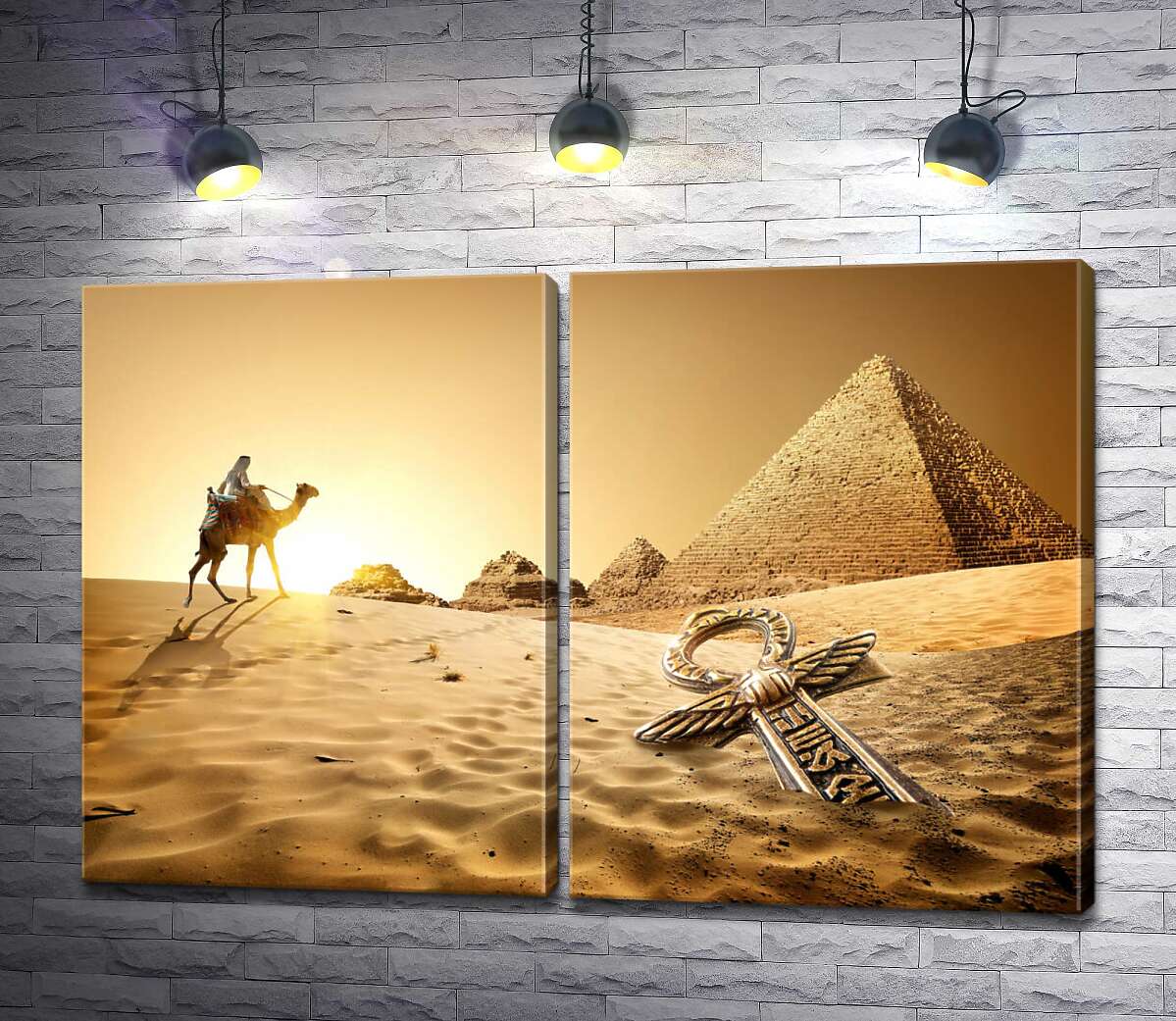 модульная картина Символ жизни - анх в песках пустыни на фоне египетских пирамид