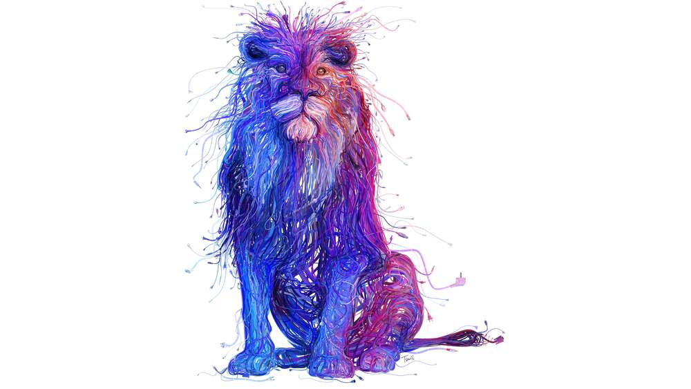 картина-постер Фиолетово-синий силуэт льва из электрических проводов