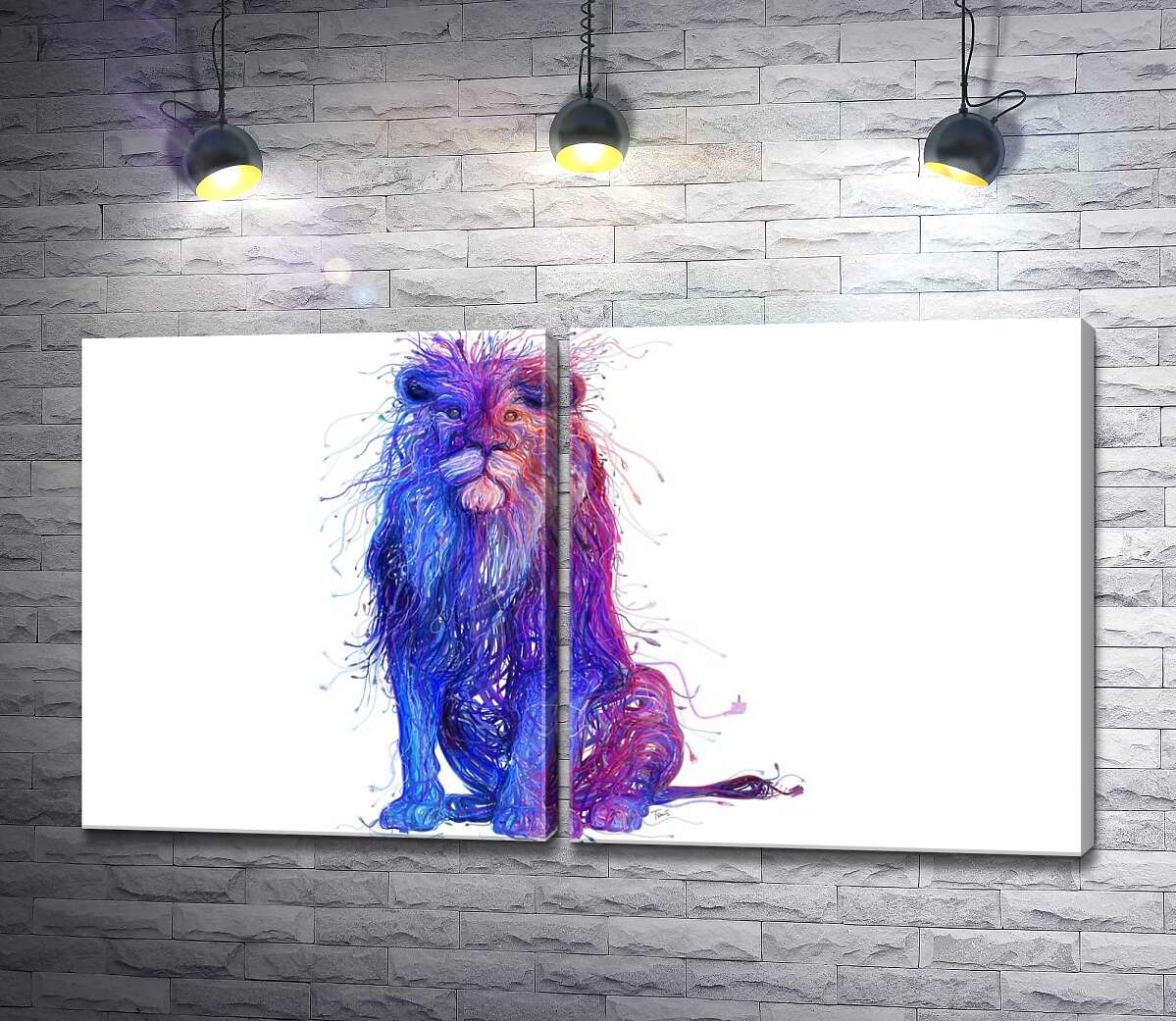 модульная картина Фиолетово-синий силуэт льва из электрических проводов