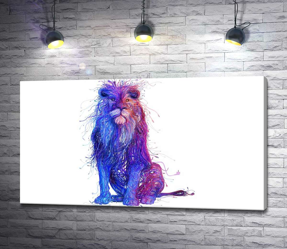 картина Фіолетово-синій силует лева із електричних проводів
