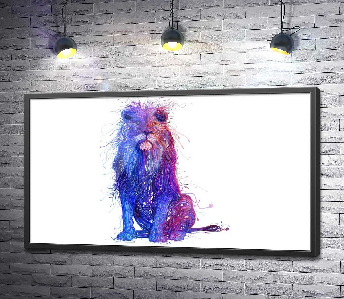 постер Фіолетово-синій силует лева із електричних проводів