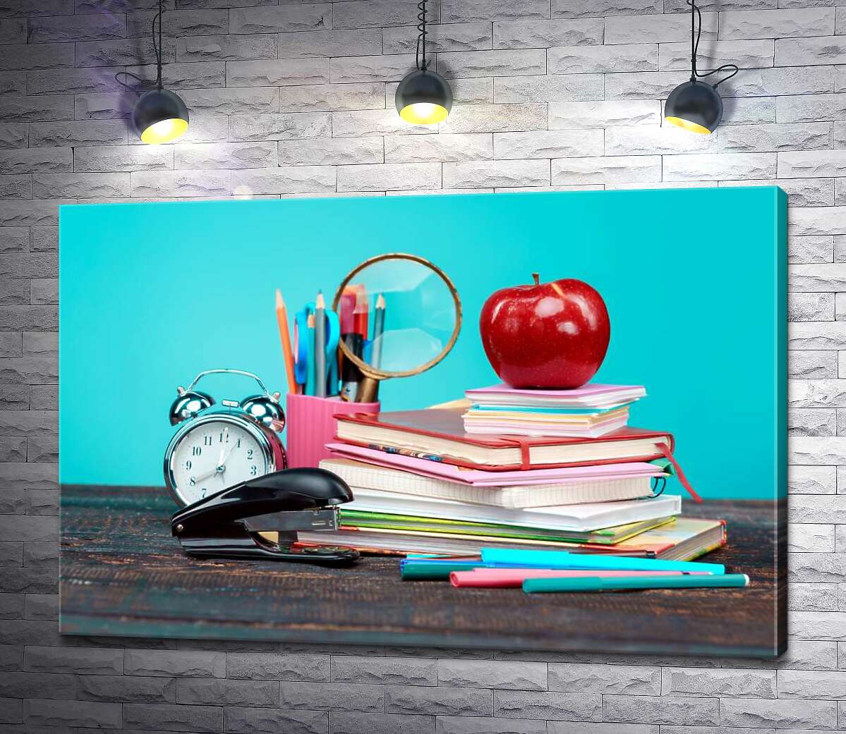 картина Натюрморт школьника: тетради, фломастеры, часы, степлер и яблоко