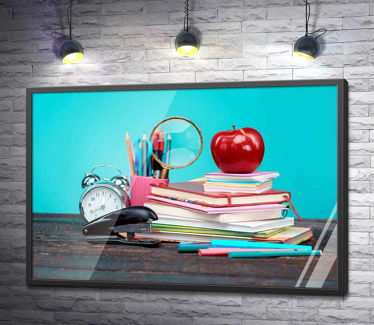 постер Натюрморт школяра: зошити, фломастери, годинник, степлер та яблуко
