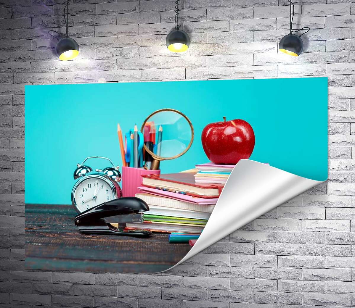 печать Натюрморт школьника: тетради, фломастеры, часы, степлер и яблоко