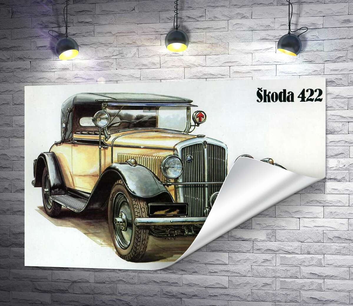 друк Жовтий  ретро-автомобіль Skoda 442