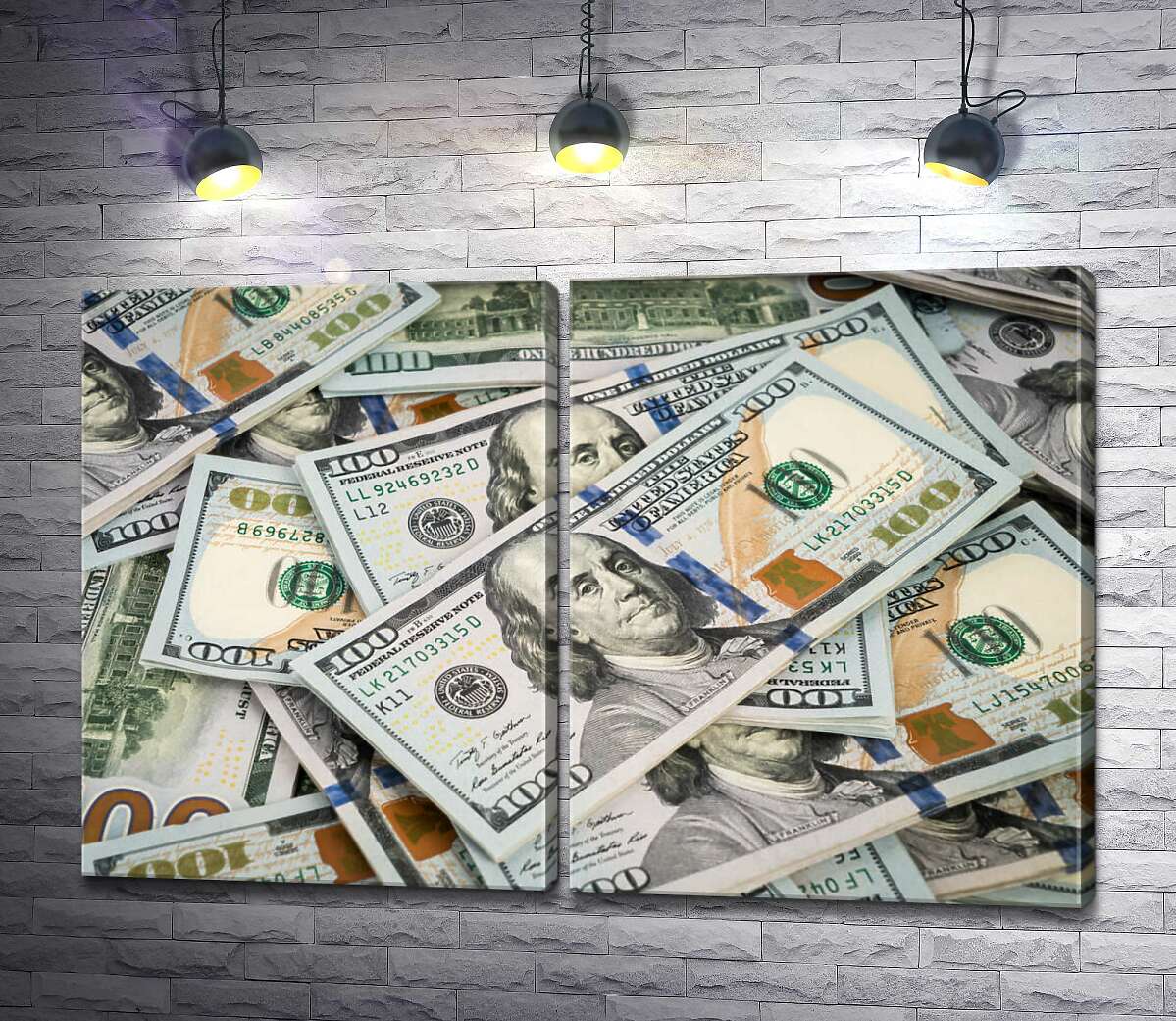 модульная картина Россыпь пачек новых купюр долларов